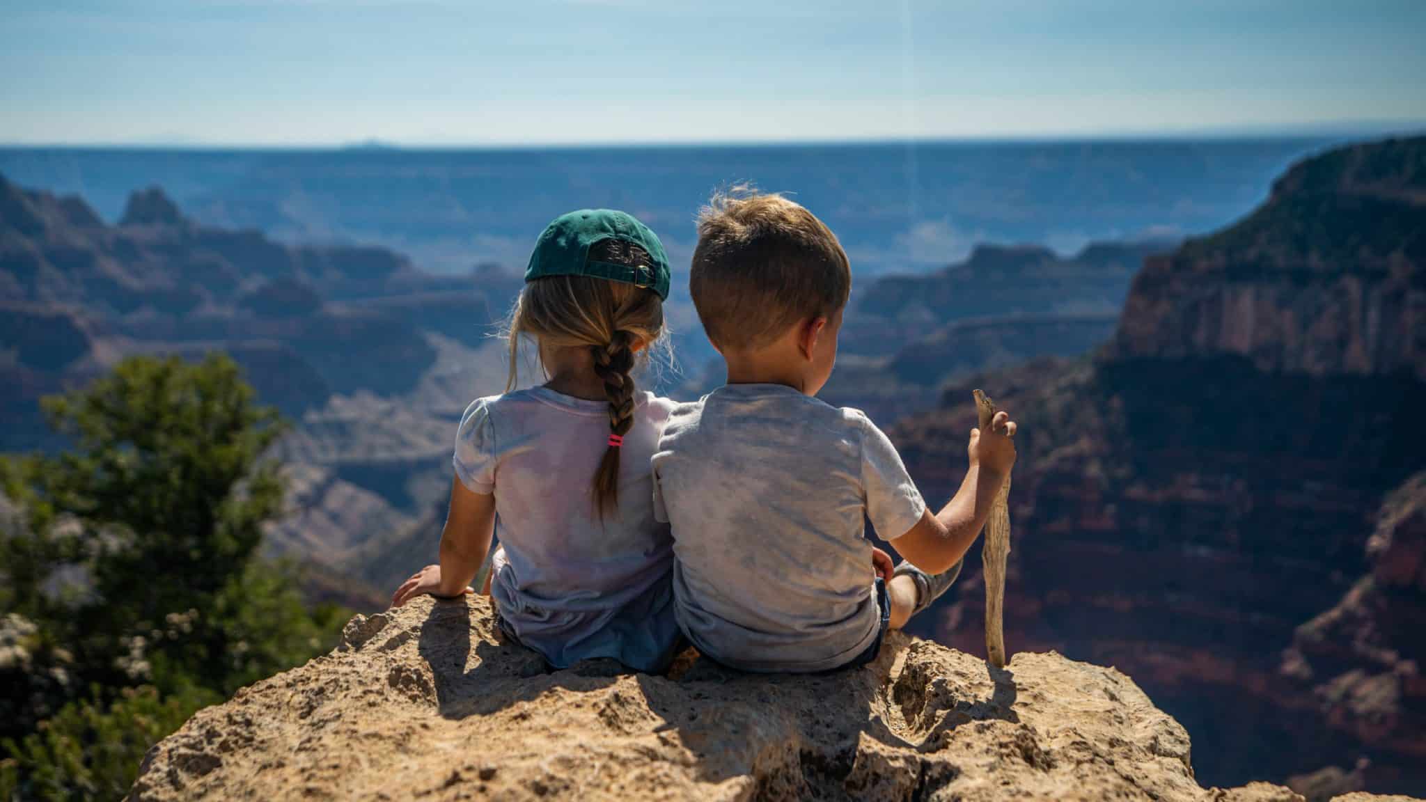 Two kids sitting on top of a rock in the mountain.