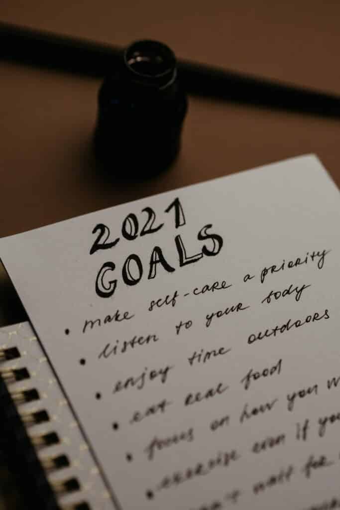 A list of 2021 Goals written on a white piece of paper.