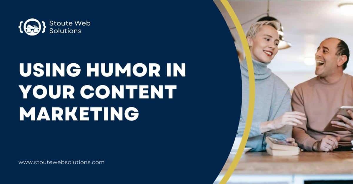 A couple laughs because the marketing blog they're reading has full of humor.
