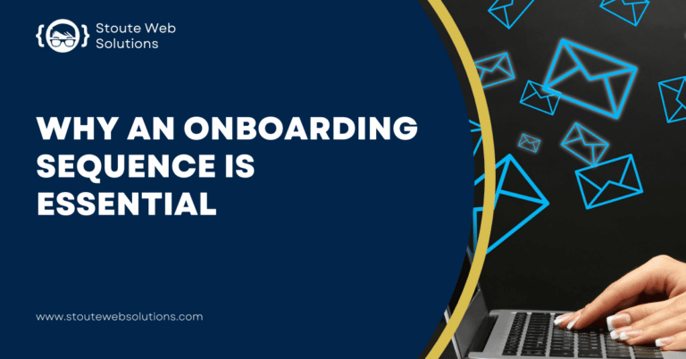 Neon blue mail icons float above a laptop screen.