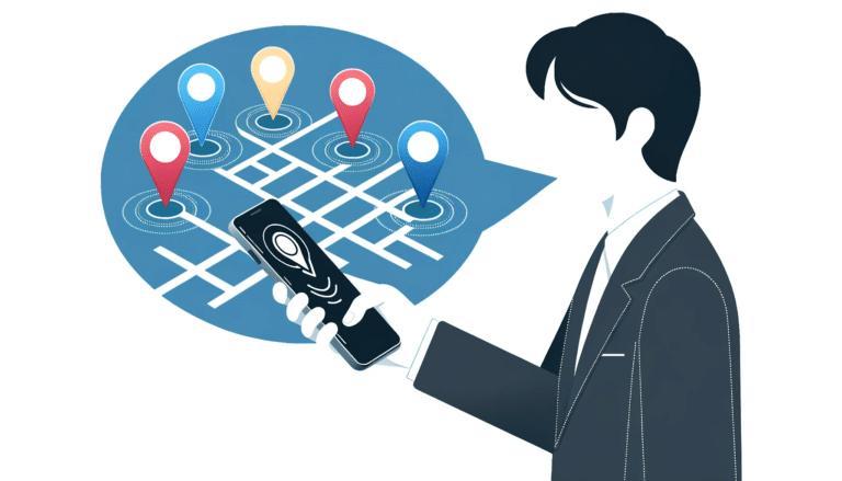 dall·e 2023 10 20 02.34.48 illustration of a person speaking into their smartphone, with voice waves transforming into local map pins, symbolizing local businesses being found t