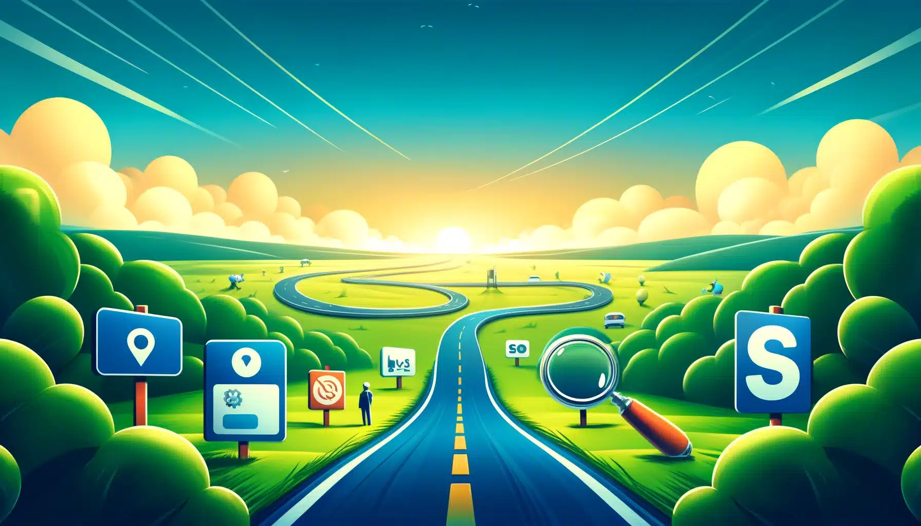 a vivid and simplified visual metaphor for seo as a 'long term strategy'. the image shows a long, winding road stretching far into a horizon under a b