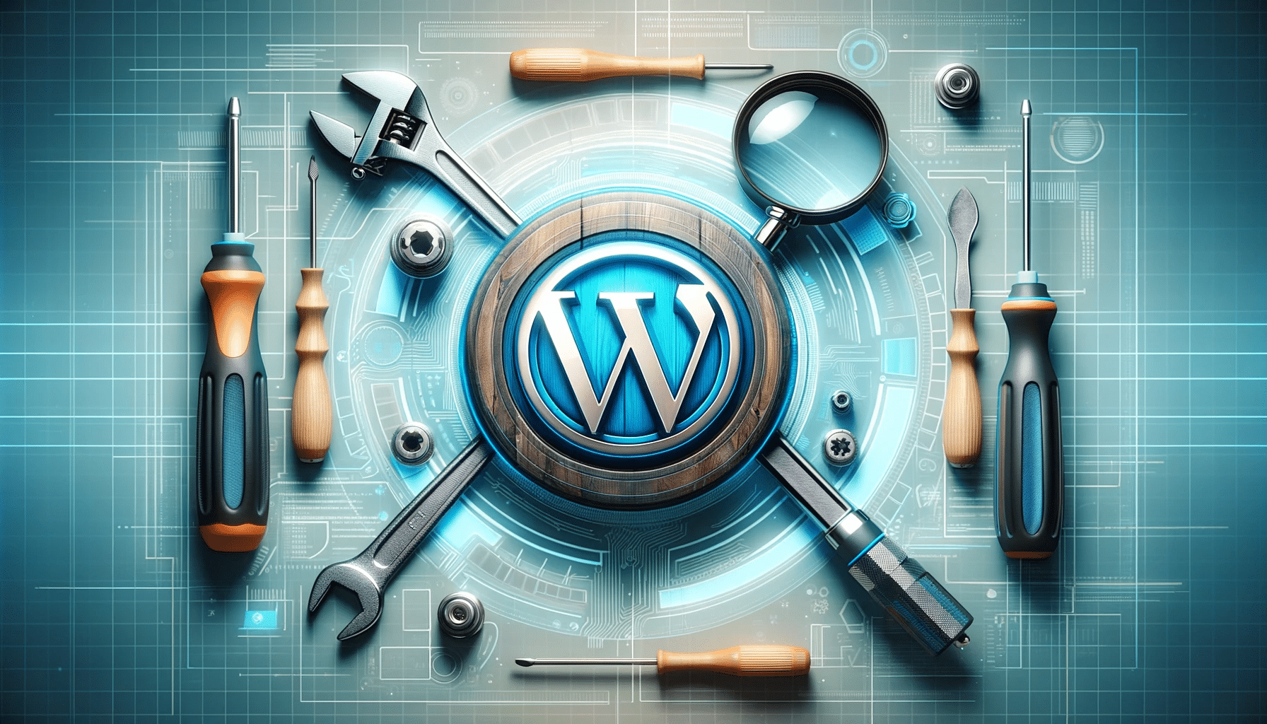 A blue WordPress logo is in the center surrounded by repair tools.