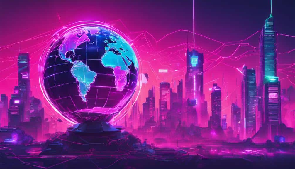 Futuristic cityscape with a neon-lit globe showing the Americas, electric lines, and a high-tech skyline against a vibrant pink and purple background.