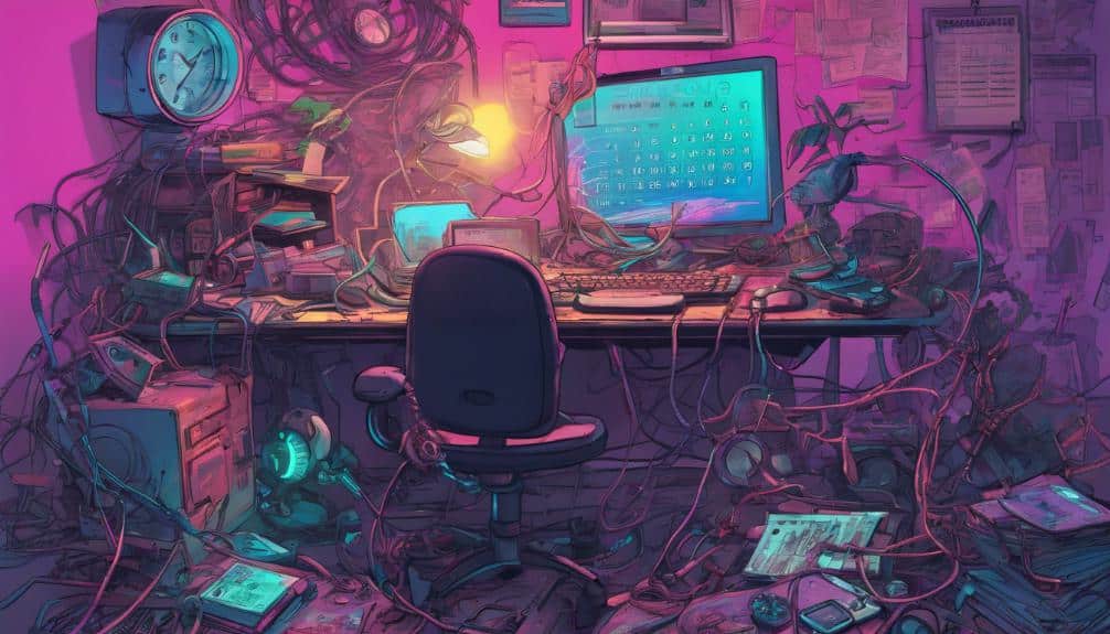 Cluttered workspace with purple and blue lighting, tangled wires, electronics, scattered papers, and a computer displaying code in front of an empty chair.